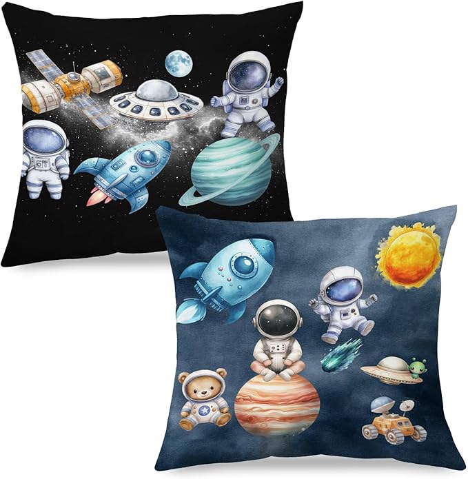 SPBL&L Galaxy Space Nursery Pillow Covers 18x18 Set of 2, Space Nursery Room Decor for Boys, Whimsical Cosmic Astronaut Planets Rocket Spacecraft Decorative Throw Pillow Covers for Kids Room Playroom