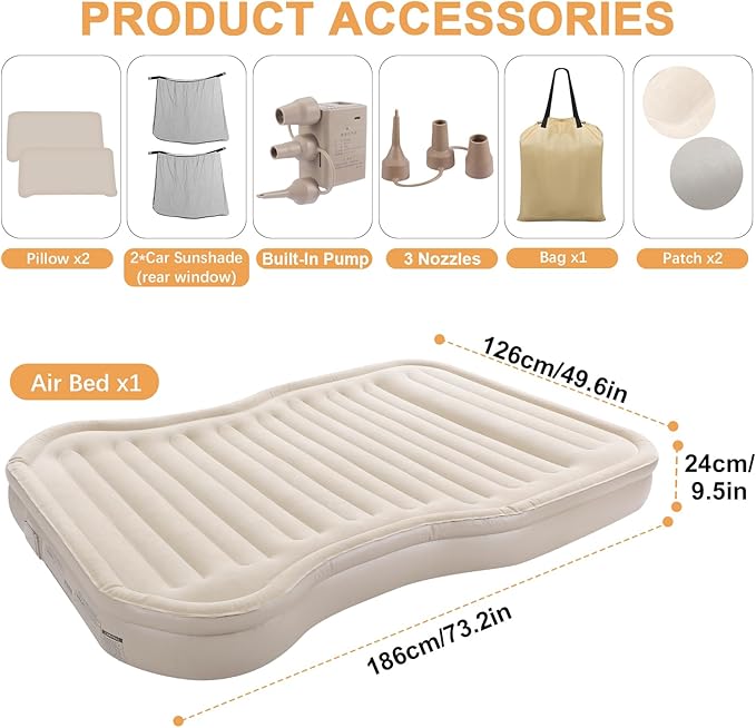 KMZ SUV Air Mattress with Built-in Pump & 2 Pillows, Thickened Flocked PVC, Quick 90-Seconds Inflation Air Bed, Portable & Durable Car Air Bed for Camping, Travel, Truck (Khaki)