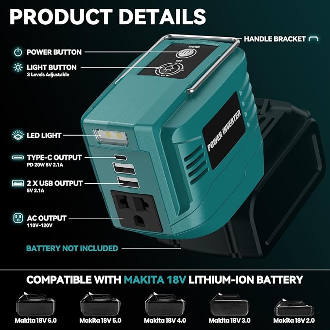 VAXCANZE 200W Power Inverter for Makita, DC 18V to AC 110V Inverter, Portable Power Station with 2 USB Ports & 1 AC Outlet & 1 Type-C Fast Charging, Battery Adapter with LED, Battery Not Included
