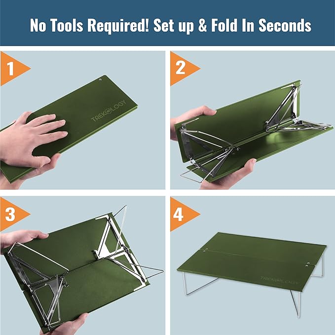TREKOLOGY Compact Mini Camping Table – Portable, Ultralight, Folding Design – Small, Lightweight Surface for Hiking, Backpacking, Beach, or Nightstand Use – Collapsible Outdoor Gear (Green)