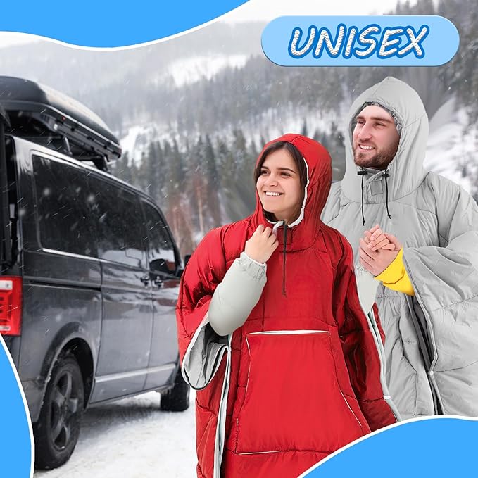 Preboun Thermal Poncho Wearable Hooded Blanket Winter Poncho Wearable Sleeping Bag Water Resistant Windproof for Men Women
