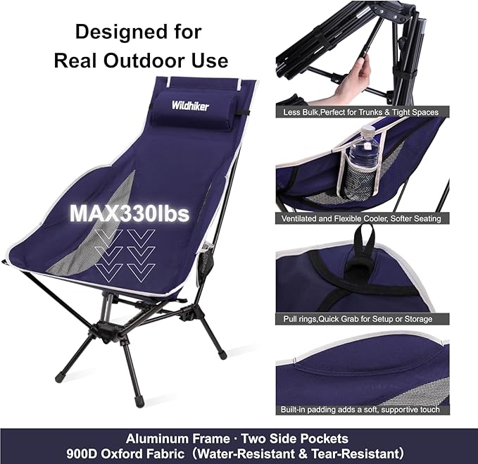 Wildhiker Portable Compact Folding Camping Chairs – Lightweight High Back with Pillow, Deep Recline, ArmPads, Side Pockets-for Motorcycle, RV, Backpacking, Travel, Festival – Indigo Blue