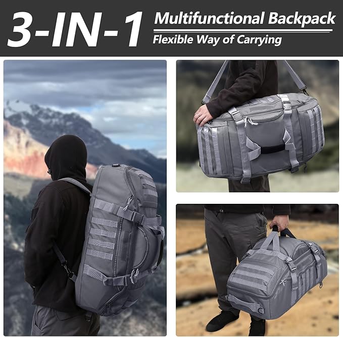 Hannibal Tactical 55L Large Duffle Bag, 3-in-1 Tactical Backpack MOLLE Pack for Sports, Gym, Outdoor, Grey