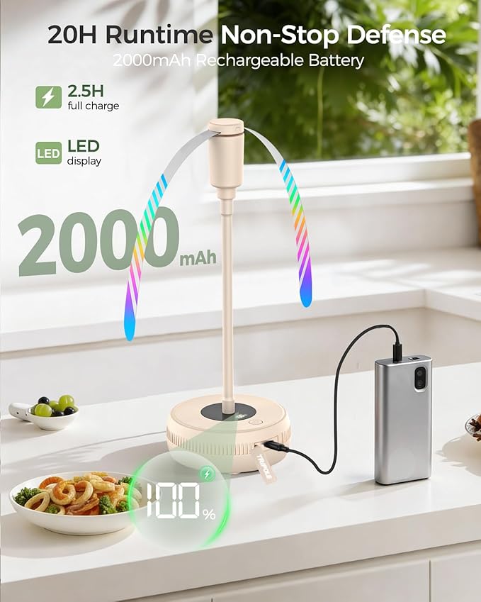 TriPole Fly Fans for Tables, Food Fans 2000mAh Rechargeable Table Fan Portable Fly Spinners with LED Display, 20H Runtime for Outdoor Picnic, BBQ Patio Parties, Camping, Kitchen, 4 Pack (Beige)