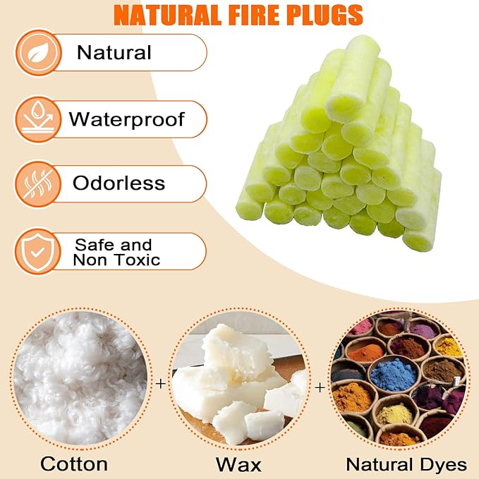 E500 Fire Plugs, 50 Pack Fire Starter Plugs, Waterproof & Wind Resistant, Long Burning Fire Starter for Campfires, Fireplaces, Grills & Outdoor Use