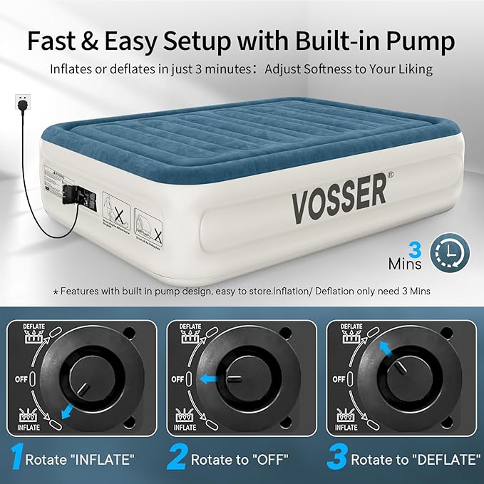 VOSSER Queen Air Mattress with Built-in Pump,18'' Raised Blow Up Mattress, Leak-Proof Air Bed with Storage Bag, Flocked Top Inflatable Mattress for Home, Camping & Guests，800lbs