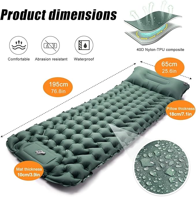 Camping Sleeping Pad, Extra Thick Ergonomic Camping Mattress with Built-in Pump, Lightweight and Compact for Backpacking, Hiking, Tent