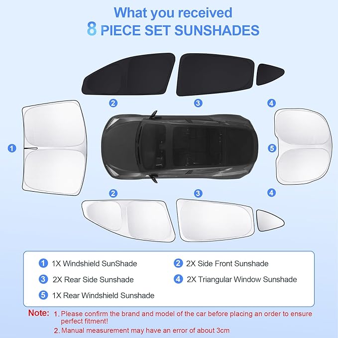 8pcs Car Window Shades for Tesla Model Y 2020-Present Accessories,Windshield Side Rear Full Sunshade,Sun Visor UV Blocking, Privacy Protection and Blackout for Camping Outdoor
