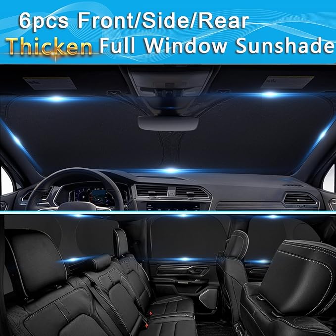 KMF 6pcs Thicken Full Window Sun Shades for Dodge Ram 1500 Crew Cab Accessories 2019-2025, Car Window Covers Sunshade for Windshield Side Rear, Sun Visor UV Block Privacy Blackout for Camping Outdoor