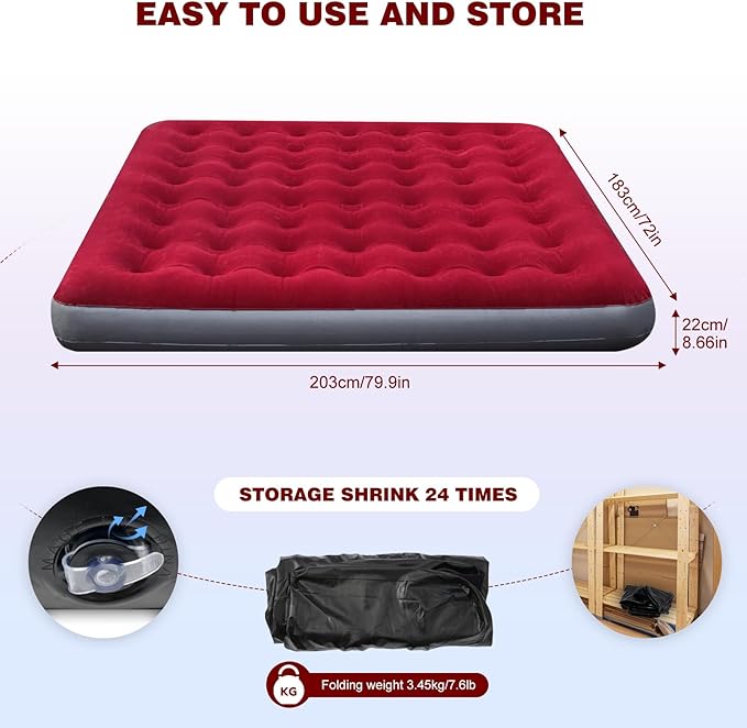 Onirii King Size Camping Air Mattress Bed with Air Pump,80"x 72"Thickened Portable Blow Up Inflatable Air Mattress,Travel Sleeping Bed Pad for Camping Home Hiking