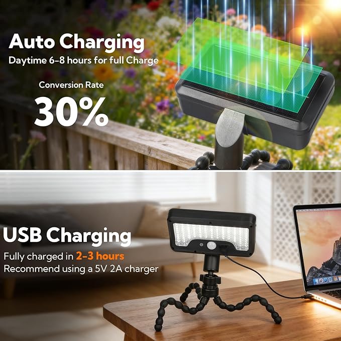 VZZNN 4 Pack Solar Motion Sensor Lights Outdoor, Flexible Octopus Tripod Security Lights, IP65 Waterproof with USB-C Charging, 600LM for Camping, Fence, Patio, Garden