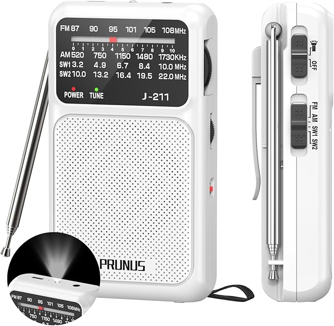 PRUNUS J-211 Portable Radio AM FM with USB Charging and AA Battery Operated, Transistor Radio, Strong Reception& Clear Speaker, Headphone Jack, Back Clip, Lanyard, Small radios Portable AM FM