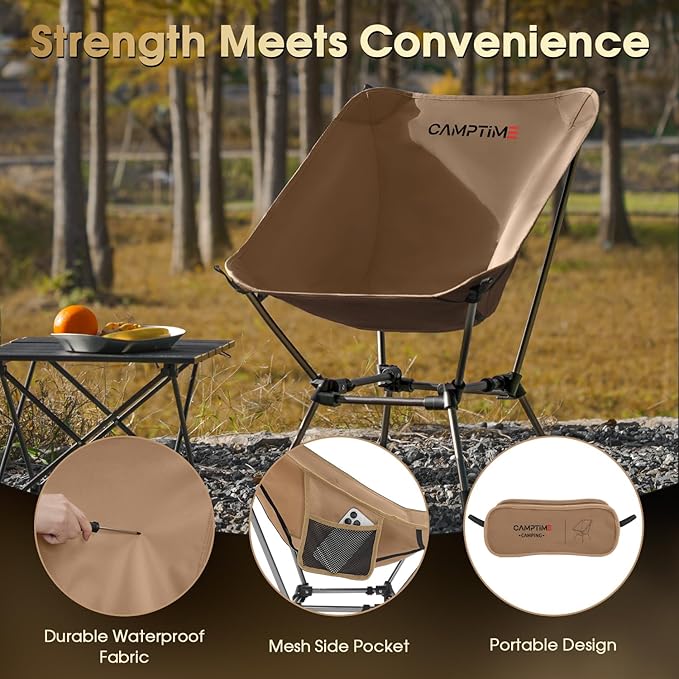 Camptime Portable Camping Chair Plus, Larger & Roomier, Compact and Lightweight, Folding Chair for Backpacking & Hiking, 330Lbs Capacity, Khaki