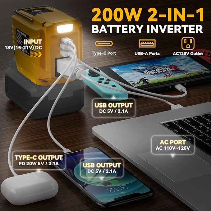 VAXCANZE 200W Power Inverter for Dewalt, DC 20V to AC 110V Inverter, Portable Power Station with 2 USB Ports & 1 AC Outlet & 1 Type-C Fast Charging, Battery Adapter with LED, Battery Not Included