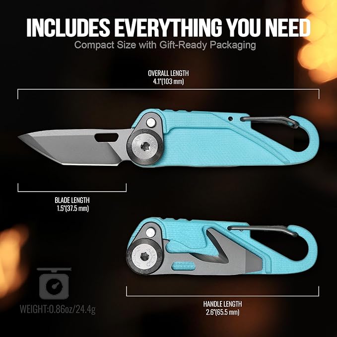 TACRAY Vinto 5-in-1 Small Pocket Knife – Ultra-Light Compact Multitool with Utility Knife, Seatbelt Cutter, Bottle Opener, Flathead Screwdriver & Keyring Attachment for Everyday Carry (Blue)