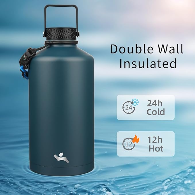 Konokyo Gallon Insulated Water Bottle with Straw,128 oz 3 Lids Water Jug with Carrying Bag,Paracord Handle, Double Wall Vacuum Stainless Steel Metal Flask,Navy Blue