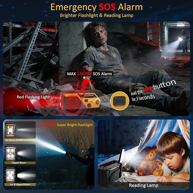 Emergency Radio with 4 Charging Cables, 22000mWh AM FM NOAA Weather Radio, Flashlight, Reading Lamp, SOS Alarm, Hand Crank Radio Phone Charger for Home Outdoor Emergencies.