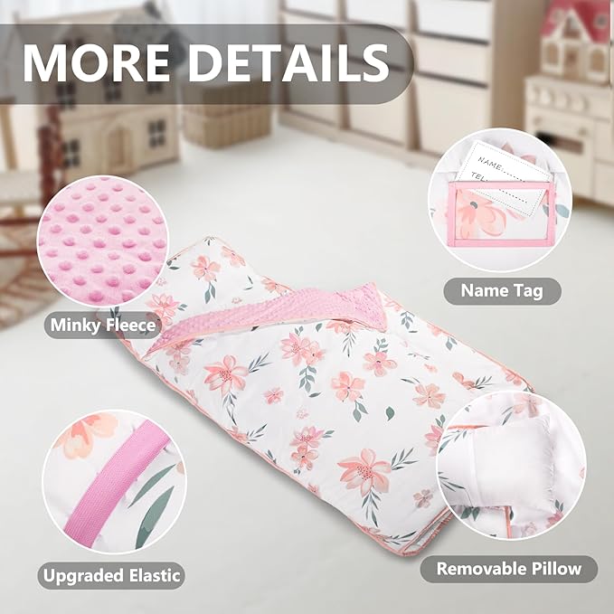 Primlect Thickened Toddler Nap Mat with Removable Pillow and Minky Blanket, Extra Large 55''x35'' Sleeping Bag, Washable, Roll up, Perfect for Daycare, Preschool, Kindergarten, Boys and Girls Flowers