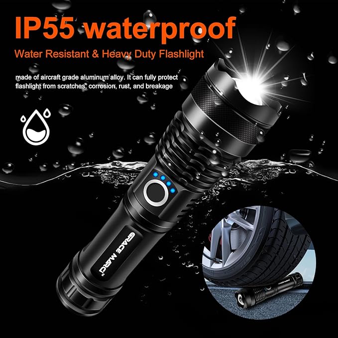 High Lumen Flashlight Rechargeable, 150000 Lumens Super Bright, 5 Modes & Adjustable Focus Zoomable, IP55 Waterproof & Shockproof Tactical Flashlight for Camping, Hiking, Emergency, Outdoor