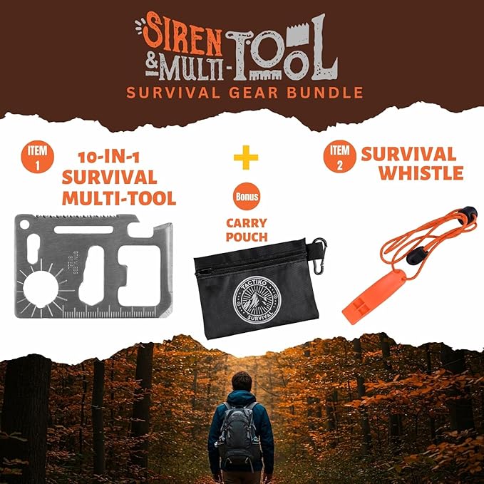 Tactiko Survival Siren and Multitool - Emergency Whistle & 10-in-1 Stainless Steel Pocket Tool with Carry Pouch - Essential Survival Gear Bundle for Camping, Hiking, and Outdoors - U.S. Company
