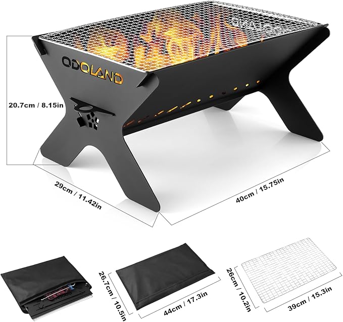 Odoland Camping Campfire Grill, Portable Folding Charcoal Grills, Backpacking BBQ Grill, Heavy Duty Firepit Grill with Carry Bag for Outdoor Cooking, Bonfire, Patio, Backyard