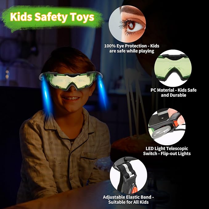Kids Night Vision Goggles with Spy Frisbee Toys, 2 PCS Spy Lens/Glasses Toys with Flip-Out Lights Green Lens, Adjustable Spy Gear Night Mission Goggles Kit for Kids 6 7 8 9 10 11 12 Boy Gifts