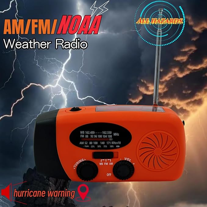 5000mAh Hand Crank Emergency Weather Radio, am fm noaa Solar Radio with Led Flashlight and Earphone Jack, Charger for Smartphone, USB-C Cable/Self Powered with SOS Alarm (Orange)