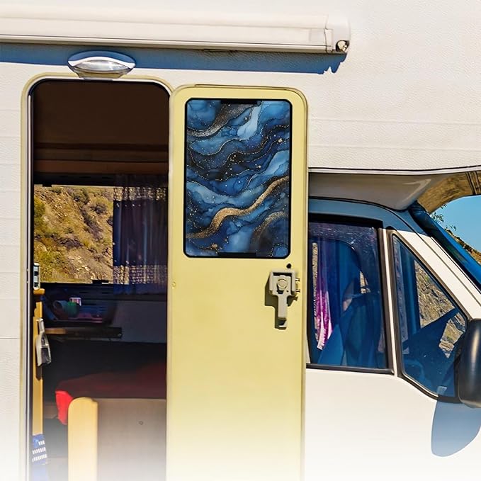 RV Door Window Shade Blue Marble RV Window Cover with UV Protection and Privacy Features for Campers, Marine Vehicles, Travel Trailers