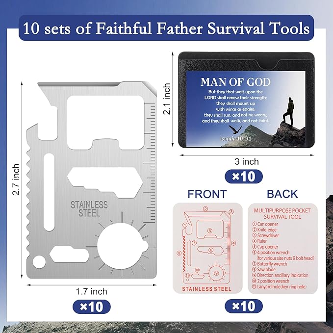 10 Pcs Man of God 11 in 1 Stainless Steel Credit Card Multitool Father's Day Gifts Survival Wallet Tool Bible Verse Ephesians 6: 10-11 Pocket Tool Set for Men Church Prizes Party Favor