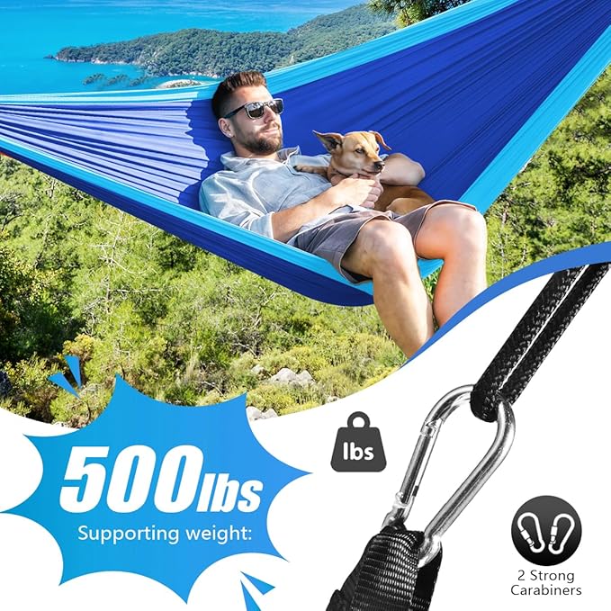 OBTANIM Camping Hammock 500lbs Portable Lightweight Single or Double Hammock with Tree Straps and Carry Bag for Camping Backpacking Hiking Travel Beach Outdoor Indoor (Blue and Dark Blue)
