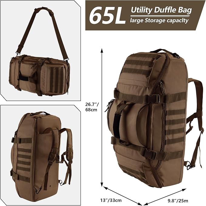 Hannibal Tactical 65L Large Duffle Bag, 3-in-1 Tactical Backpack MOLLE Pack for Sports, Gym, Outdoor, Dark Brown
