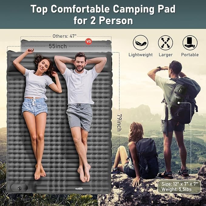 Elegear CumbreX™ Double Sleeping Pad for Camping, 4.7" Ultra-Thick Inflatable Camping Sleeping Pad 2 Person with Built-in Foot Pump, Portable Camping Sleeping Mat for Backpacking Hiking Tent,Gray Full