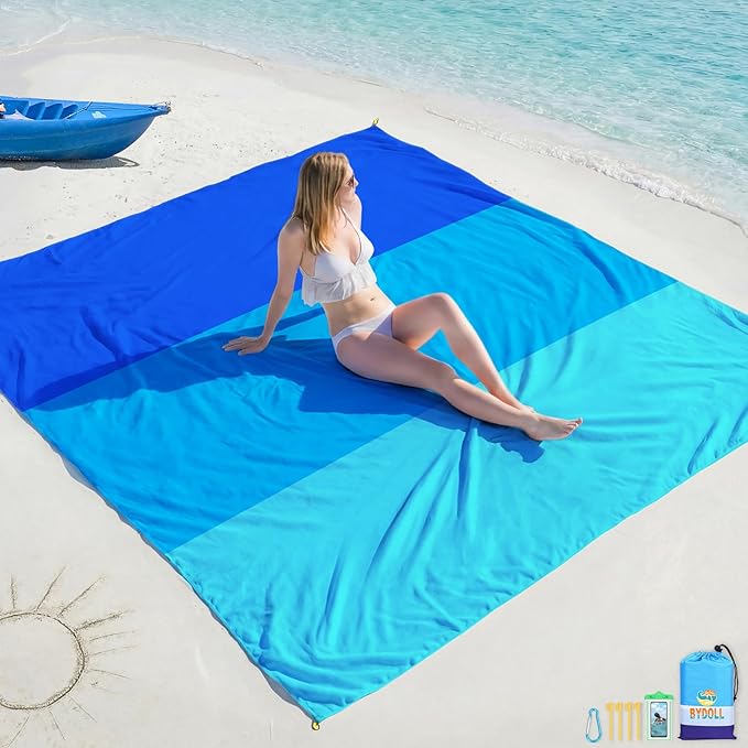 BYDOLL Beach Blanket Waterproof Sandproof Large Sand Free, 78''X110'' Oversized Sandless Lightweight Blanket Picnic Mat for Beach Travel Camping Hiking with Stakes
