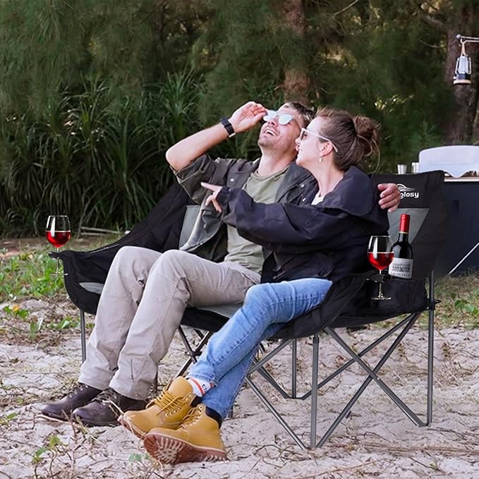 Bolosy 2 Person Camping Chair Camping Loveseat Oversized Double Folding Camping Chair Heavy Duty Two Person Camp Chair Love Seat Dou Chairs Sport Lawn Chair for Adults - Support 650 lbs - Black