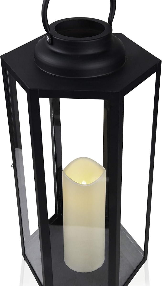 Alpine Corporation 18" Tall Outdoor Hexagonal Battery-Operated Metal Lantern with LED Lights, Black