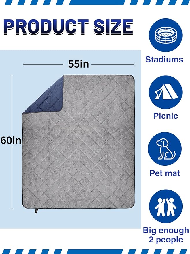 Aulock 55''W x 60''L Warm Outdoor Stadium Blanket Waterproof - Portable & Windproof Navy Blanket with Sherpa Fleece Lining for Camping Winter Cold Weather