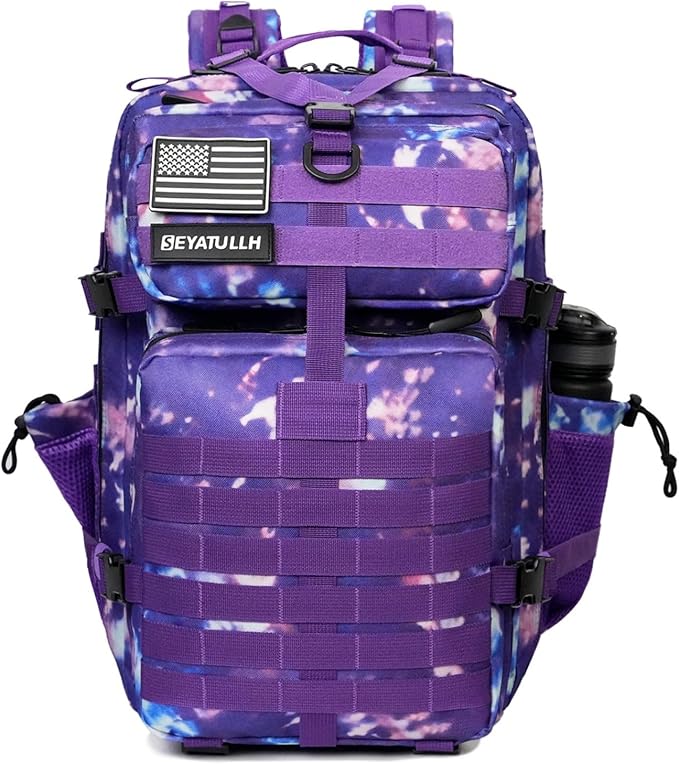 45L Military Tactical Backpack for Men & Women Bug Out Bag Assault pack Molle Daypack Hiking Trekking Rucksack (2.0 side pockets (purple tie-dye)