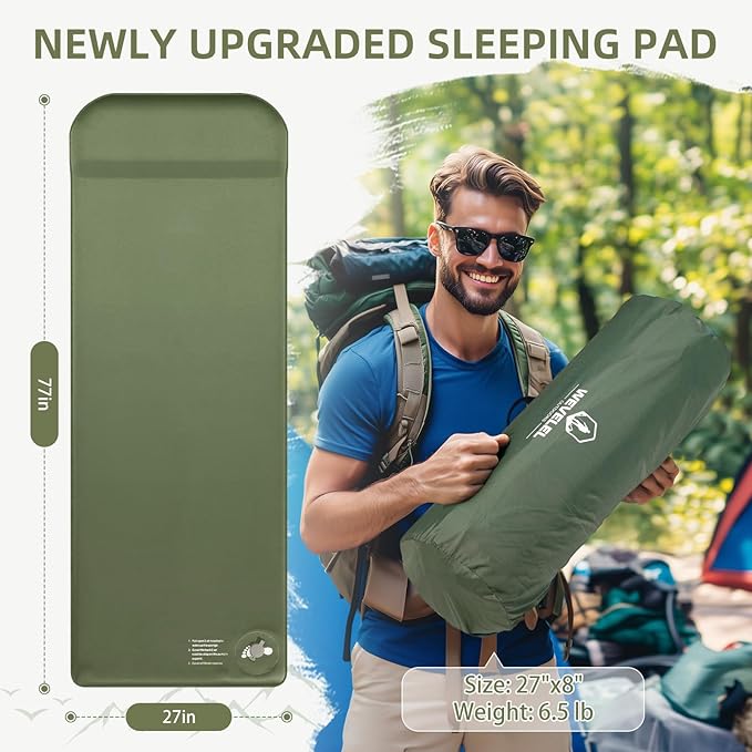 Wevelel Memory Sleeping Pad, 3.1" Ultra-Thick Foam Sleeping Mats for Camping, Easy Inflate&Deflate,9.5 R-Value Insulated Camping Mattress Pad with Pillow, for Car Travel Tent