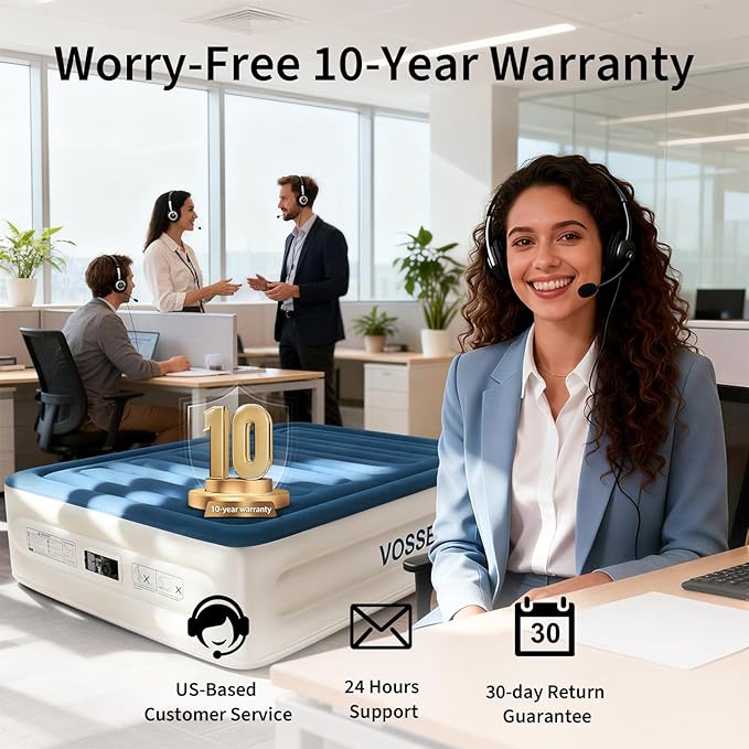 VOSSER Queen Air Mattress with Built-in Pump,18'' Raised Blow Up Mattress, Leak-Proof Air Bed with Storage Bag, Flocked Top Inflatable Mattress for Home, Camping & Guests，800lbs