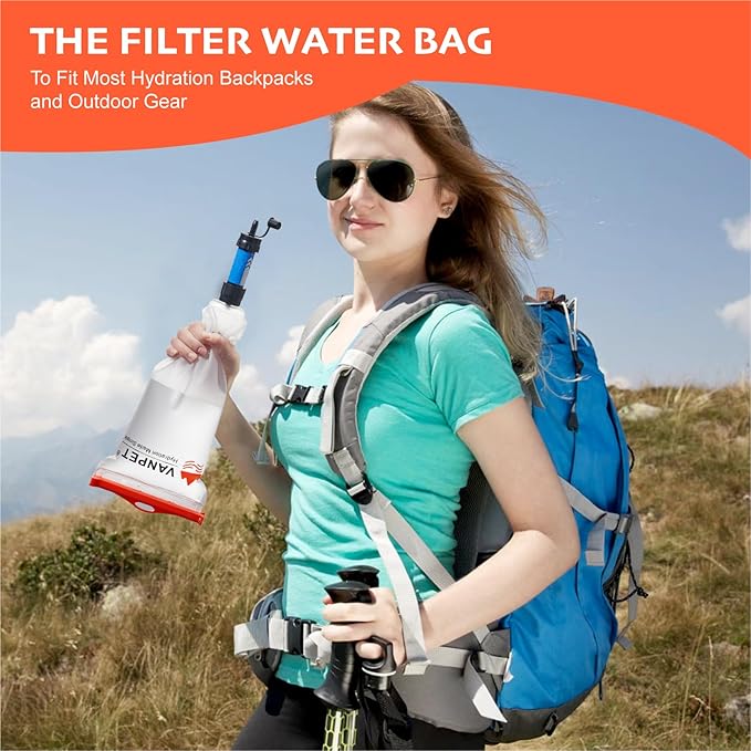 VANPET 2L&1L Water Bag Compatible with Sawyer Squeeze Water Filter, Durable TPU Material, BPA & PVC Free Squeeze Pouch, Collapsible Hydration Canteens for Camping Hiking Cycling