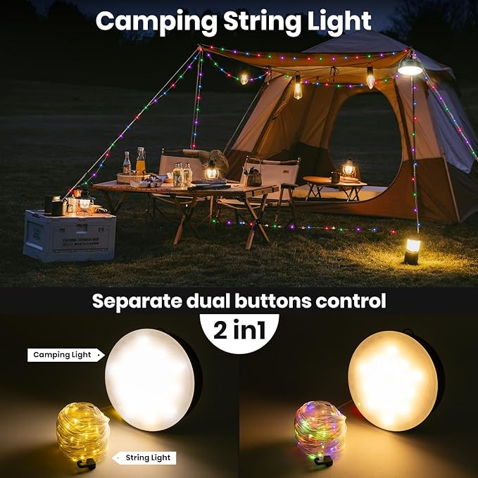 Solar Camping String Lights, 32.8 FT String Light with 13 Modes, 4 in 1 Waterproof Camp Lamp, Solar/Type-C Powered, Hanging Rechargeable Tent Lantern for Camping, Patio & Party (Green)