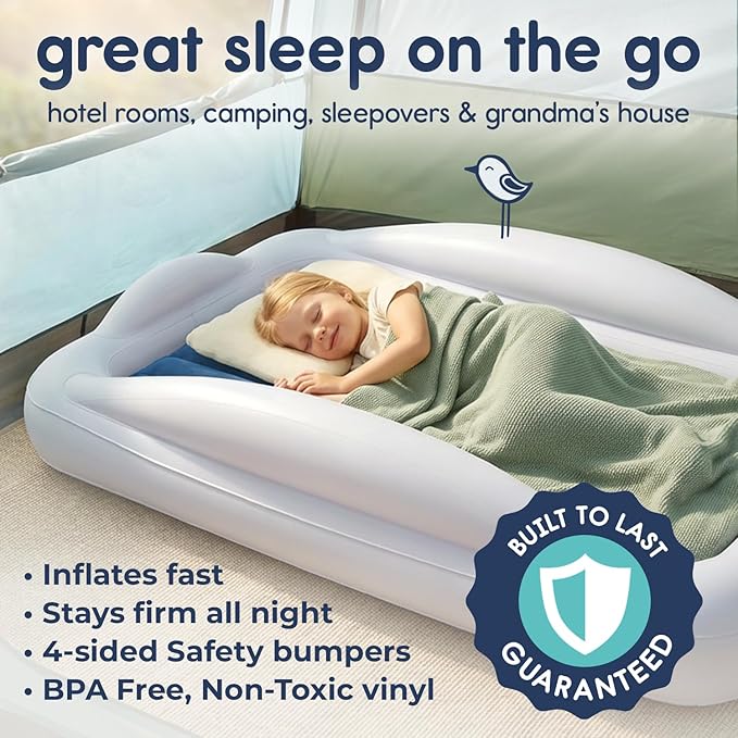 Hiccapop Inflatable Toddler Travel Bed with Safety Bumpers [4-Sided] | Portable Toddler Bed for Kids | Toddler Air Mattress | Kids Air Mattress - Navy Blue