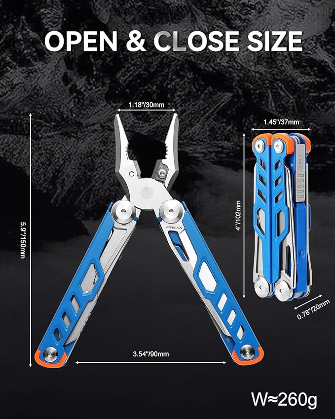 Multitool 15-in-1 Stainless Steel Multi Tool Pliers with Knife, Spring-Action Pliers and Scissors, Multitool for Survival, Camping, Hiking, Gifts for Men (Blue)