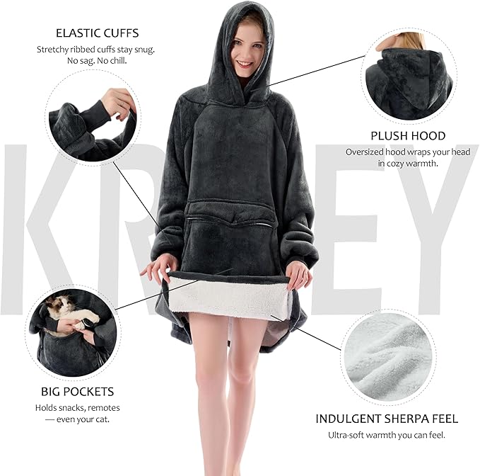Krifey Wearable Blanket Hoodie, Oversized Sherpa Fleece Sweatshirt with Giant Pocket, Birthday Gifts for Women, Mom, Sister, Dark Gray