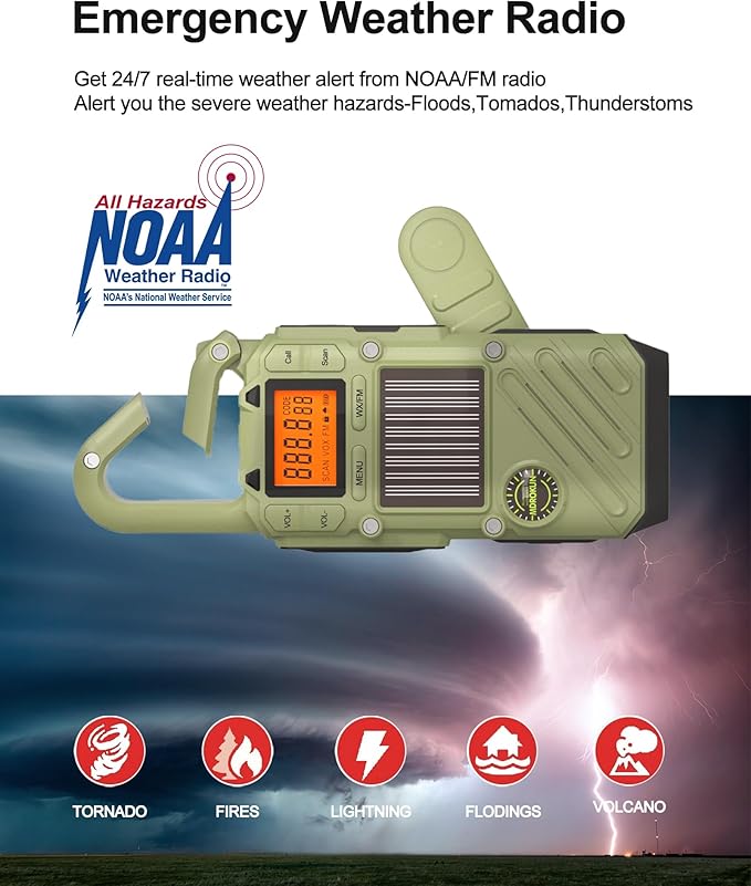 Emergency Weather Radio Walkie Talkies for Adults - NOAA/FM Weather Alert with Solar Hand Crank & USB Charging, 22-Channel Range 10 Miles Two-Way Radios, LED Flashlight & SOS Alarm （2-Pack）