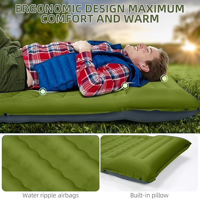 FNARMW Camping Sleeping Pad, Extra Thick 5 Inch Camping Mat with Pillow Built-in Foot Pump Inflatable Sleeping Pads Compact for Camping Backpacking Hiking Traveling Tent（Military Yellow）