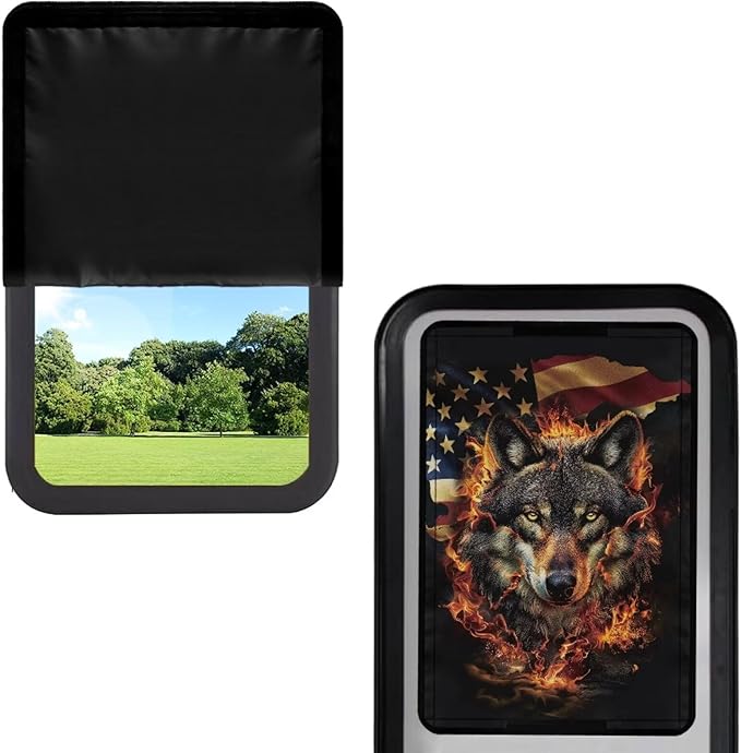 Flag Wolf Print Window Shade Cover for RV Door, Foldable Camper Door Window Shade Sun Blackout Window Shield Cover with Sticky Design & Hook and Loop for Trailers