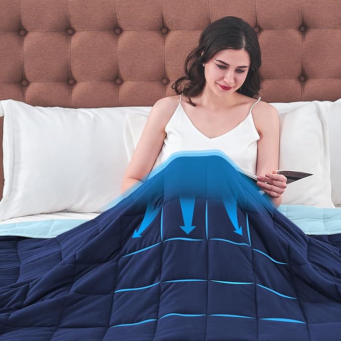 yescool Weighted Blanket for Adults (25 lbs, 60" x 80", Navy & Blue) Cooling Heavy Blanket for Sleeping Perfect for 240-260 lbs, Queen Size Breathable Blanket with Premium Glass Bead, Machine Washable