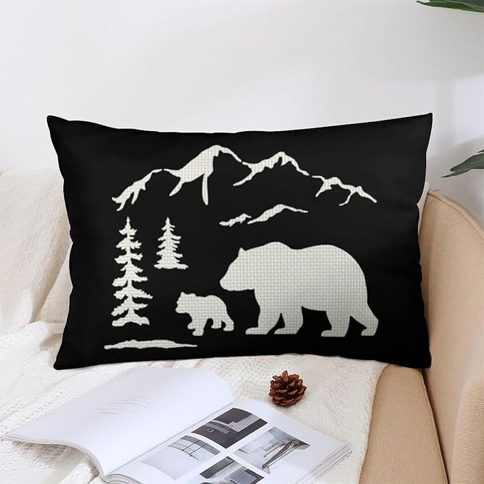 ITFRO Set of 2 Nice Gift Bear Throw Pillow Cover Pine Tree Forest Mountains Cotton Linen Lumbar Animal Cushion Case Farmhouse Home Decor for Bed Sofa Couch 12x20 Inches (Bear Set)