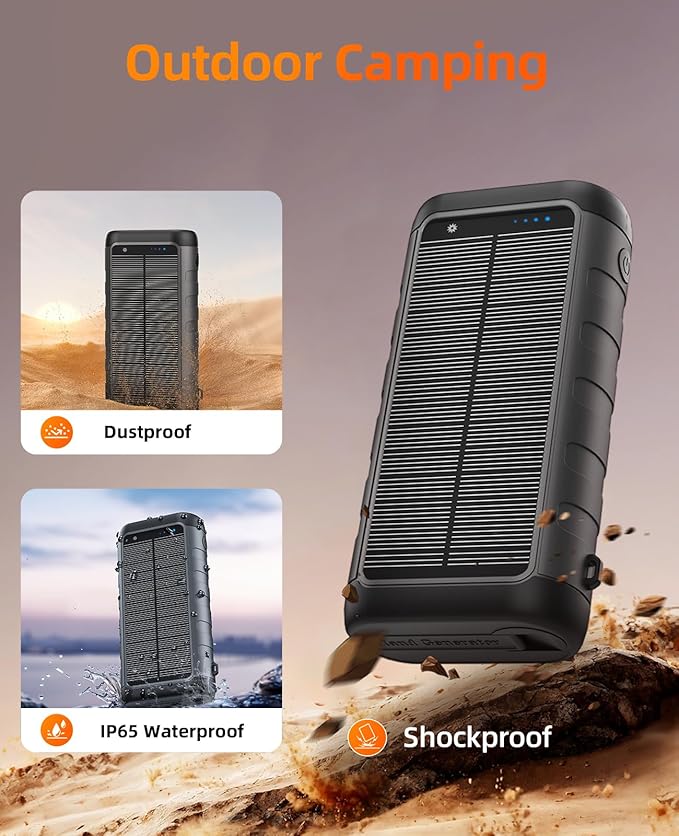 Solar Portable Charger Power Bank 59800mAh, Outdoor Waterproof Battery Pack, 3 Built in Cables & Hand Crank, 6 Outputs, 15W Wireless Charging, Emergency LED Flashlight for Camping Hiking Travel
